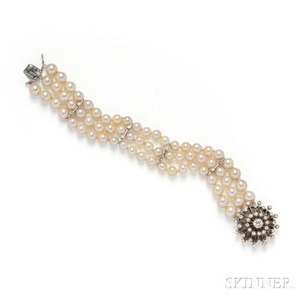 14kt White Gold, Cultured Pearl, and Diamond Bracelet