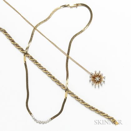 Two 14kt Gold and Diamond Necklaces and an 18kt Gold Bracelet