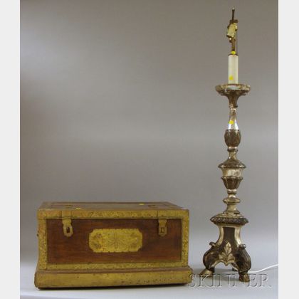 Sold at auction Baroque-style Silver Giltwood and Gesso Pricket Candlestick/Table  Lamp, and a Brass-mounted Hardwood Storage Box Auction Number 2472 Lot  Number 711