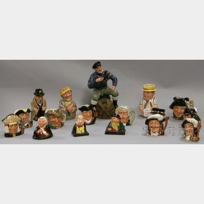 Seventeen Assorted Royal Doulton Ceramic Character Jugs, Busts, Tobys, and a Figure