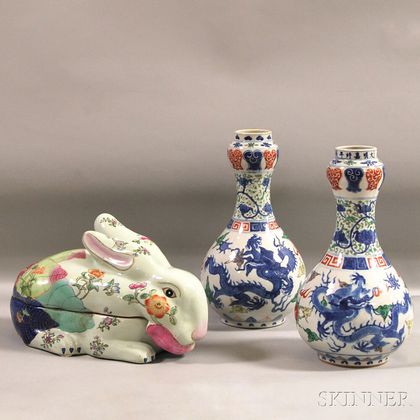 Modern Asian Ceramic Rabbit-form Container and a Pair of Decorated Porcelain Bottle-form Vases