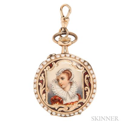 Antique 14kt Gold and Enamel Open Face Pendant Watch