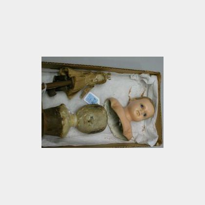 English Wax and Wooden Doll Heads and Wooden Toy