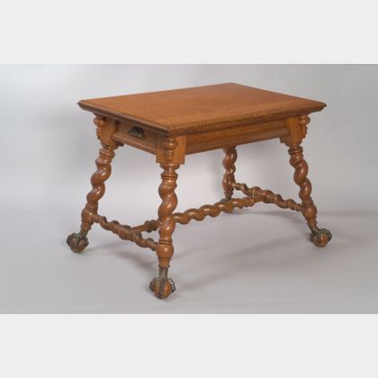 Merklen Brothers Victorian Oak Library Table with Twist-turned Legs Mounted with Cast Metal Talon and Oak Ball Feet