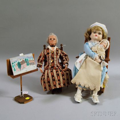 Grandma Moses Doll and Bisque Head Nurse and Baby Dolls