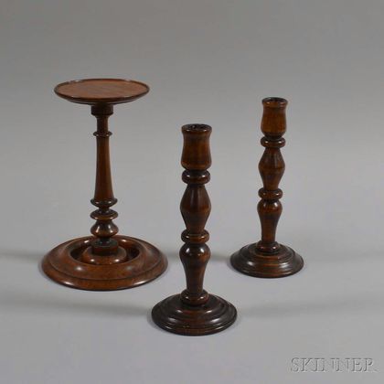 Pair of Turned Wood Candlesticks and a Mahogany Wig Stand
