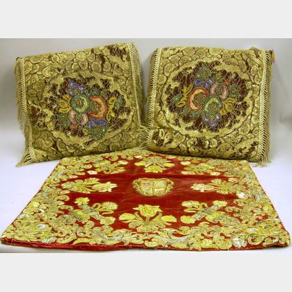 Two Victorian Velvet Metallic Thread Embroidered Pillows and Another Similar Pillow Cover. 