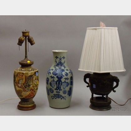 Asian Bronze Urn Table Lamp, Chinese Export Porcelain Vase, and a Japanese Satsuma Vase Table Lamp. 