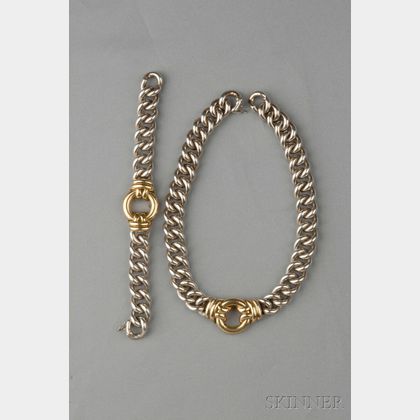 Sterling Silver and 18kt Gold Necklace and Bracelet, Hermes