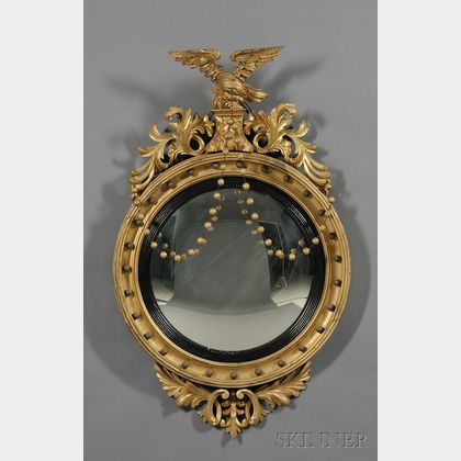 Large Classical-style Gilt-gesso and Wood Convex Girandole Mirror