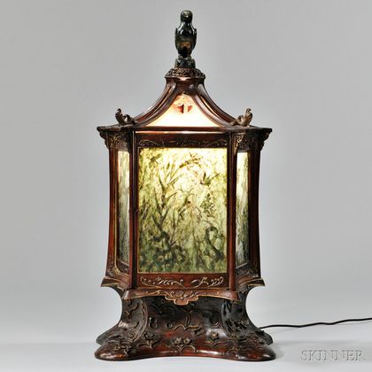 Indoor Carved Wood Parcel-gilt Lantern with Jade Panel Shades