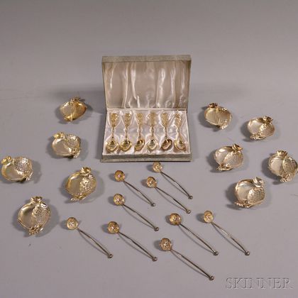 Ten Sterling Silver Pomegranate Dishes, Nine Spoons, Box of Six Spoons