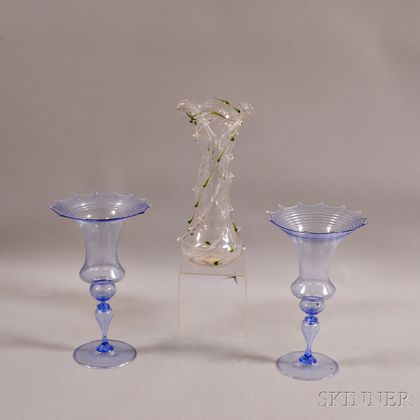 Pair of Threaded Venetian Glass Vases and a Single Colorless Art Glass Vase