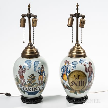 Pair of Delft Tobacco Jar Lamps