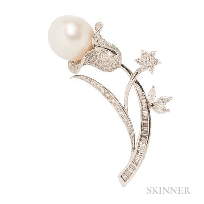 18kt White Gold, South Sea Pearl, and Diamond Flower Brooch