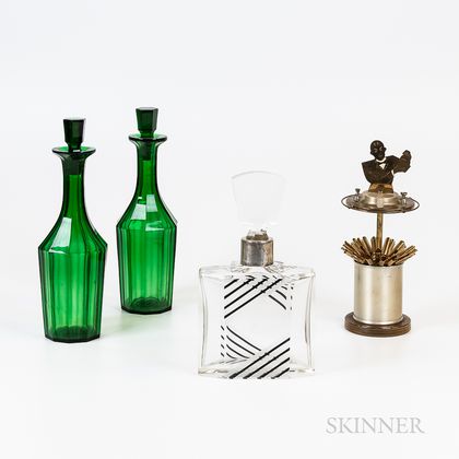 Pair of Emerald Glass Decanters, an Art Deco Perfume Bottle, and a Straw Dispenser