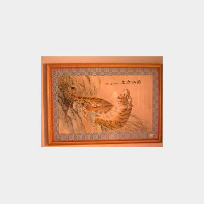 Framed Chinese Watercolor of a Tiger. 