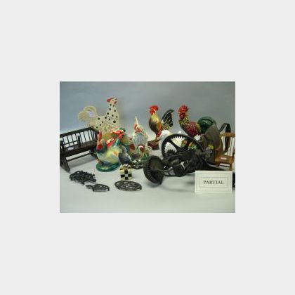 Group of Cast Iron Trivets, Irons, Ceramic and Decorated Rooster Figures, a Pair of Andirons, Kitchen Items and Miniature Furniture. 
