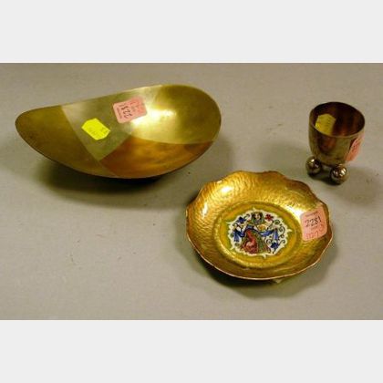 Small Modern Mixed Metal Tray, Silver Plated Footed Cordial, and a Small Woltermans Enameled Copper Dish. 