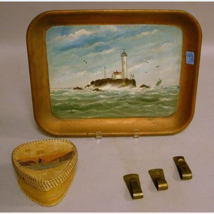 Set of Three Arts & Crafts Hammered Brass Paper Clips, a Handpainted Lighthouse Scenic Metal Tray, and a New Brunswick Native American 