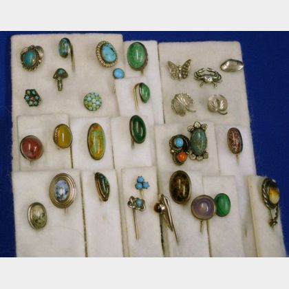 Thirty-one Mostly Sterling Silver, Turquoise, Malachite, and Various Other Hardstone Stickpins. 
