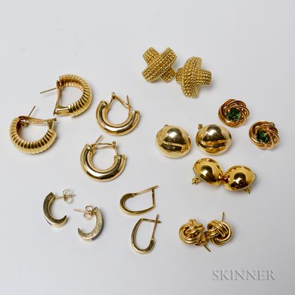 Eight Pairs of 14kt Gold Earrings