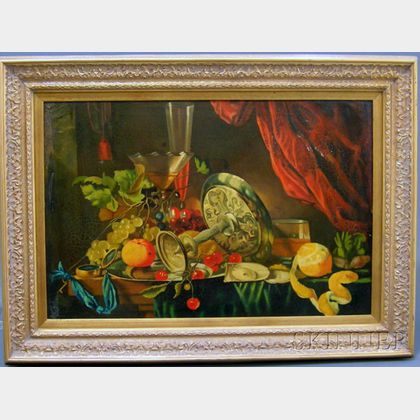Continental School, 20th Century Opulent Table Still Life with Fruit