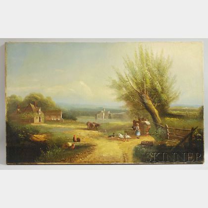 American/Continental School, 19th Century Landscape with Farmyard and Children Drawing Water from a Well.