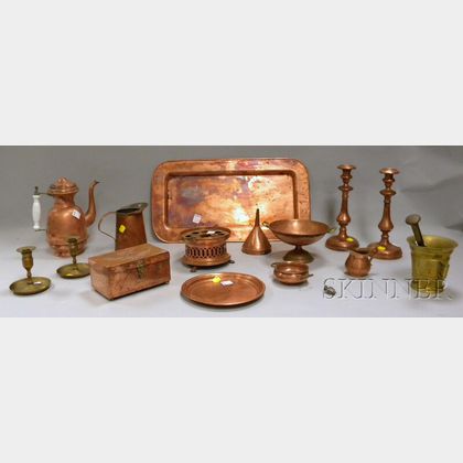 Twelve Pieces of Copper Tableware and Four Brass Articles