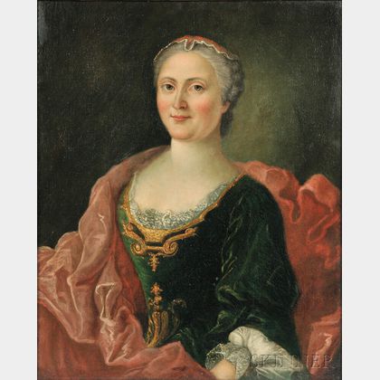 French School, 18th Century Style Woman in Green Wearing a Red Cloak