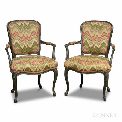 Pair Louis XV Green-painted and Upholstered Fauteuil
