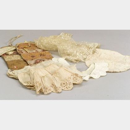 Two Chintz Pockets and Assorted Needlework, Lace Collars, and Trim