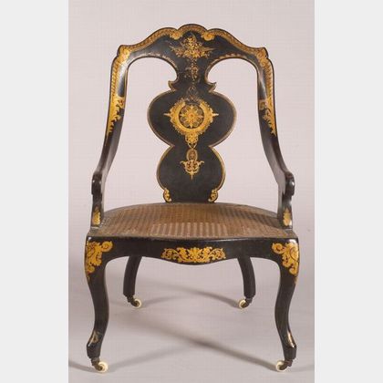 English Gilt Decorated Papier Mache and Caned Armchair