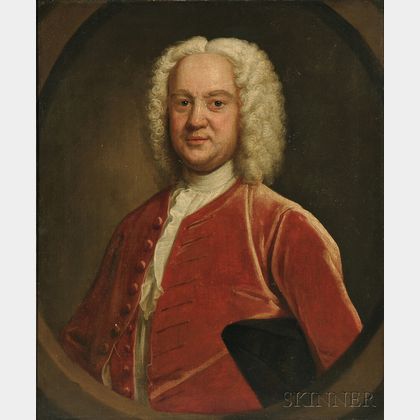 School of John Theodore Heins (British, 1697-1756) Wigged Gentleman in a Red Velvet Coat in a Feigned Oval