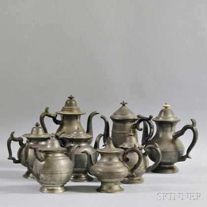 Eight Pewter Teapots and Coffeepots