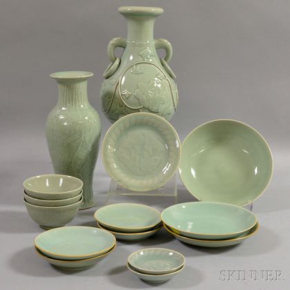 Fifteen Pieces of Celadon-glazed Porcelain