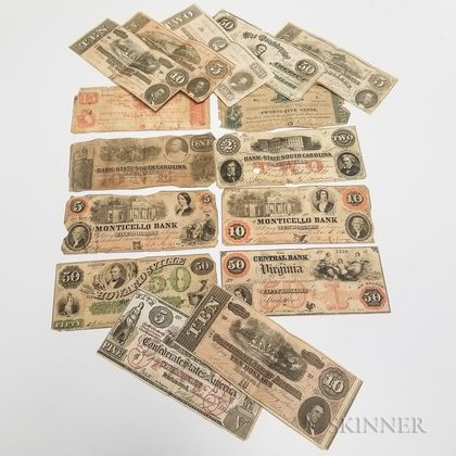 Fifteen Confederate and Southern States Obsolete Bank Notes