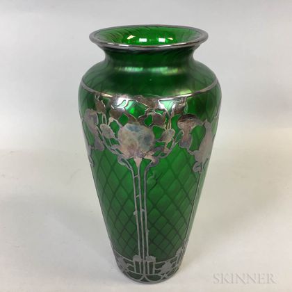Iridescent Green Art Glass Vase with Silver Overlay