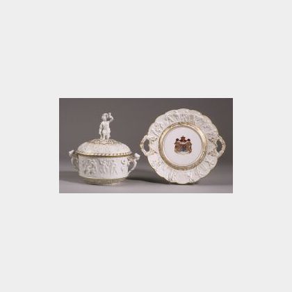 Capo-di-Monte Porcelain Covered Tureen and Stand, Italy, early 20th century, ovoid tureen bolded with central band of bacchantes, winge