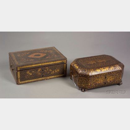 Two Victorian Japanned Sewing Boxes