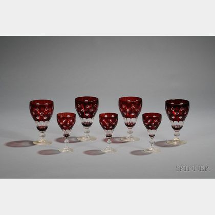 Set of Eleven Cased Ruby Cut to Clear Glass Goblets and Nine Wines. 