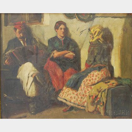 Imre Földes (Hungarian, 1881-1948) Portrait of an Accordionist and Two Women