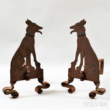 Pair of Wrought and Sheet Iron Dog-form Andirons
