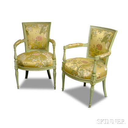 Pair of Louis XVI-style Painted and Upholstered Fauteuils