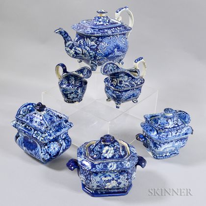 Six Staffordshire Blue and White Transfer-decorated Tableware Items