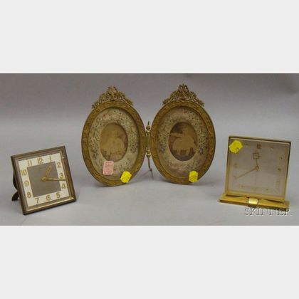 Two Brass Boudoir Timepieces and a Two-Part Picture Frame