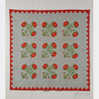 Pieced and Appliqued Cotton Pot of Flowers Pattern Quilt