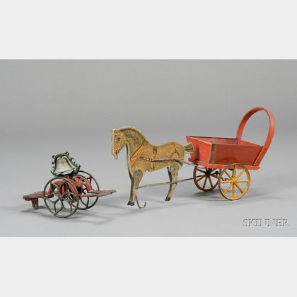 Painted and Lithographed Wood and Tin "Cuban Cart" Toy, and Cast Iron Fire Bell Carriage