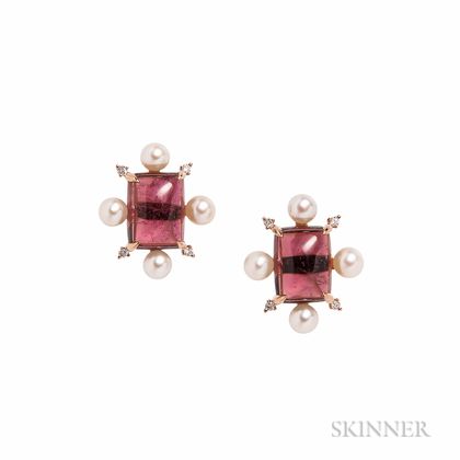 18kt Rose Gold, Pink Tourmaline, and Pearl Earrings