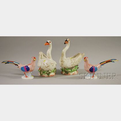 Pair of Herend Hand-painted Porcelain Pheasant Figures and a Pair of Italian Chelsea House/Cain Collection Hand-painted Porcelain Sw...